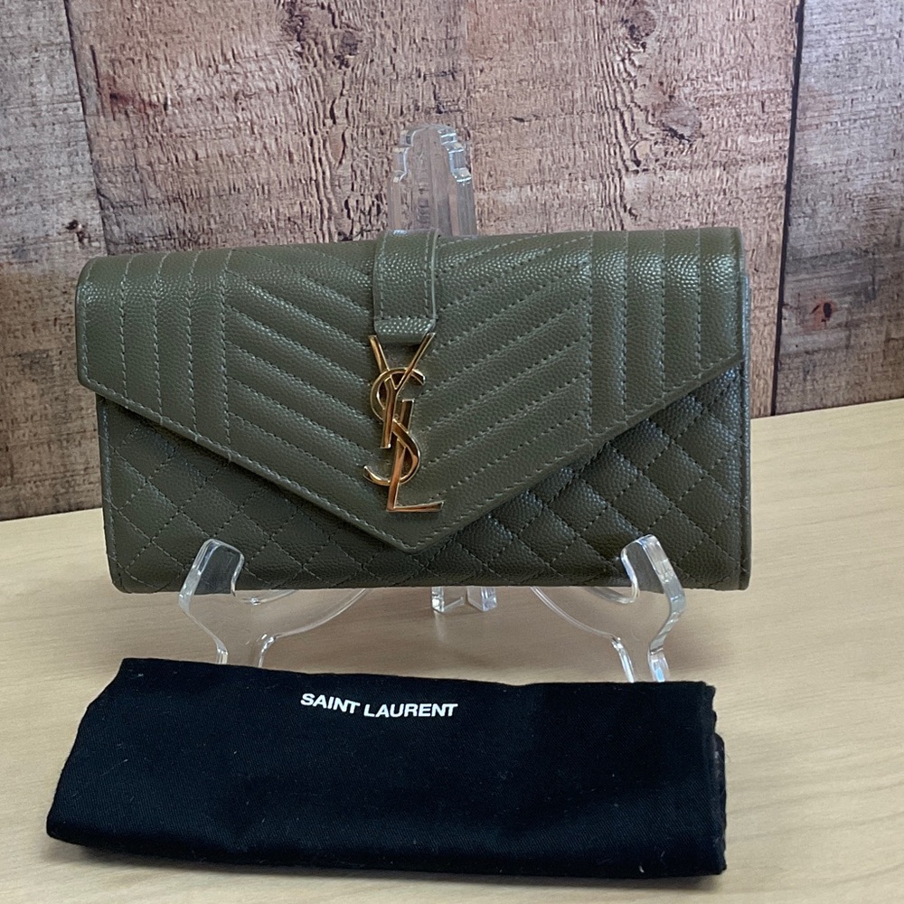 Saint Laurent Khaki Quilted Leather Wallet